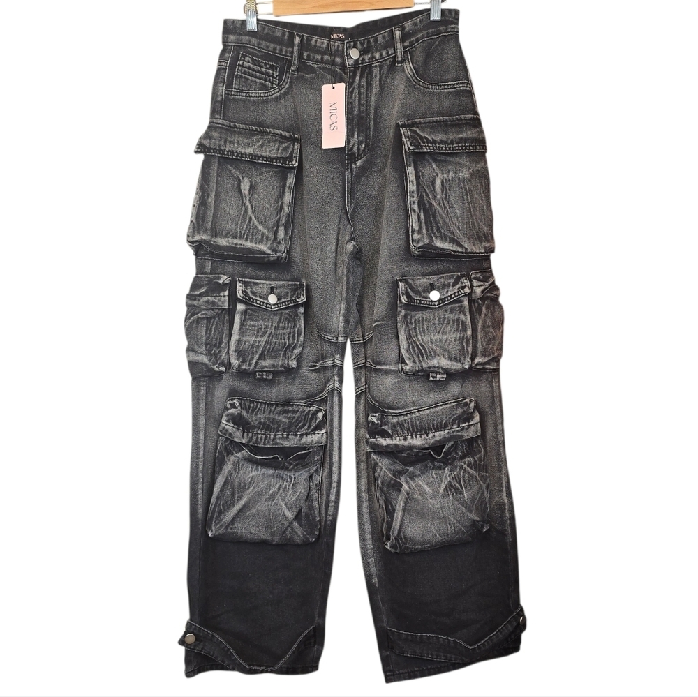 Micas Ombre Gray Multi Pocket Wide Leg Utility Cargo Jeans NWT Size Large - Picture 5 of 13